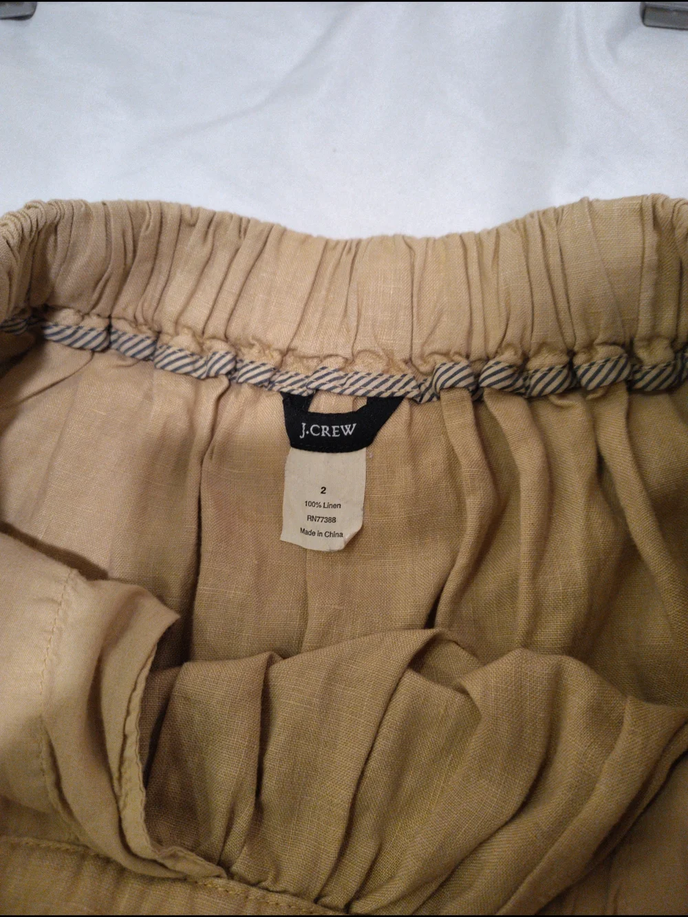 100% Linen Tan Drawstring Elastic Waist Mini Skirt